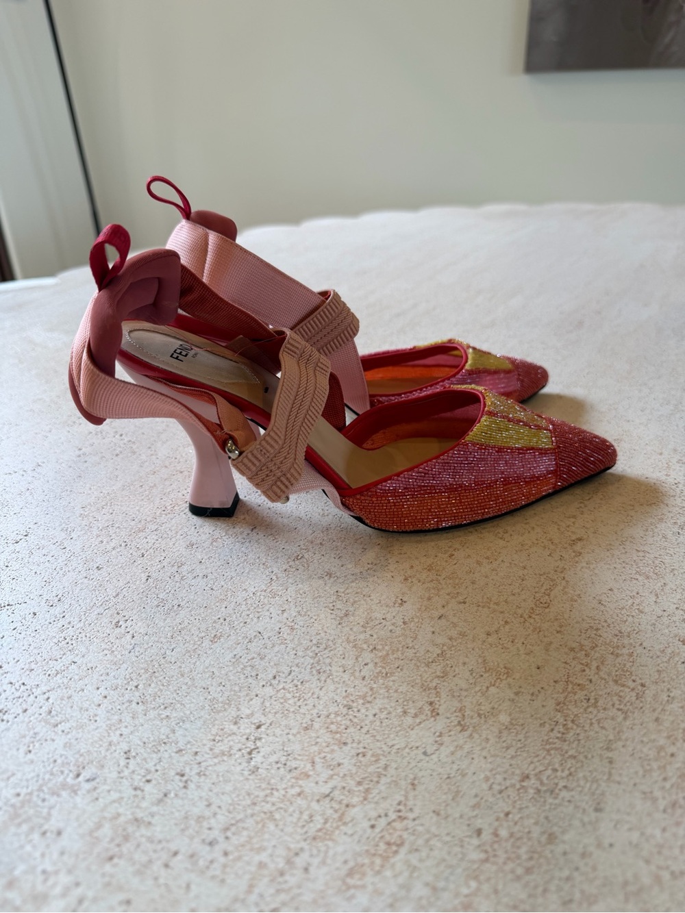 Fendi Pink, Red & Gold Beaded Pointed-Toe Slingbacks - Picture 7 of 12